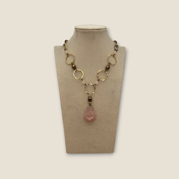 Rose Pink Quartz Teardrop Gold Hammered Link Boho Statement Necklace - Picture 7 of 8